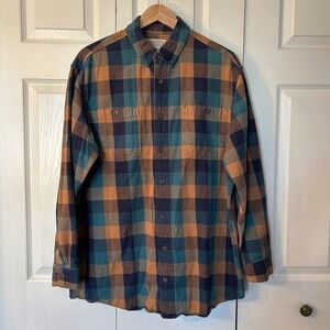 Duluth Trading Co Mens L Tall Plaid Flannel Long Sleeve Button Up Orange Teal